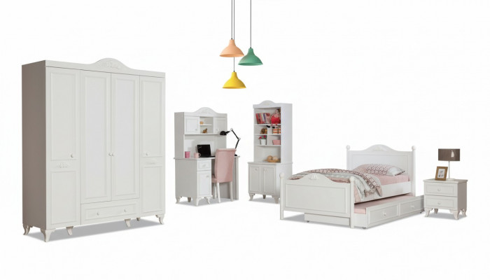 Landhaus Kannerzëmmer Set Wäiss Bett Nuetsdësch Schreifdësch Regal Schaf 5tlg.