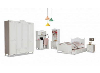 Landhaus Kannerzëmmer Set Wäiss Bett Nuetsdësch Schreifdësch Regal Schaf 5tlg.