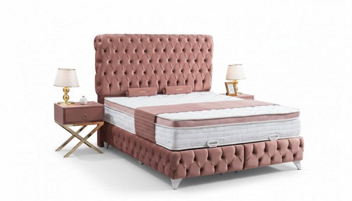 Boxspring Rosa Chesterfield Bett Elegantes Design Luxus 2x Nuetsdësch 3tlg.