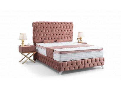 Boxspring Rosa Chesterfield Bett Elegantes Design Luxus 2x Nuetsdësch 3tlg.