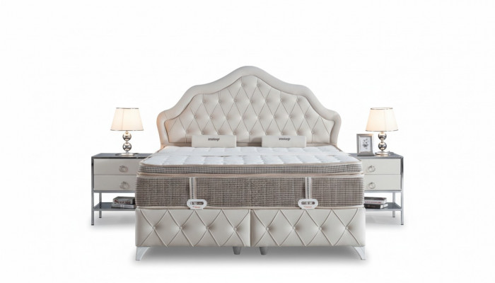 Schlofzëmmer-Set Wäiss Bett Design Stil Modern 2x Nuetsdëscher Boxspring 3-tlg. Nei