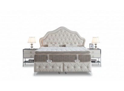 Schlofzëmmer-Set Wäiss Bett Design Stil Modern 2x Nuetsdëscher Boxspring 3-tlg. Nei