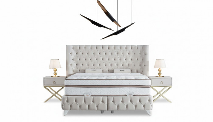 Schlofzëmmer Set Wäiss Boxspring Bett Chesterfield Elegantes 2x Nuetsdëscher 3tlg.