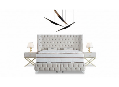 Schlofzëmmer Set Wäiss Boxspring Bett Chesterfield Elegantes 2x Nuetsdëscher 3tlg.