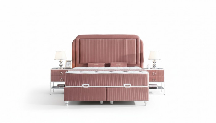Schlofzëmmer Set Rosa Metallbett Stil 2x Nuetsdëscher Modern Nei 3tlg.