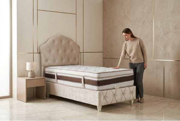 Bett wäiss Eenzelbett Schlofkummer Boxspringbett Chesterfield Stil Better