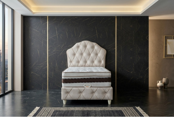 Bett wäiss Eenzelbett Schlofkummer Boxspringbett Chesterfield Stil Better