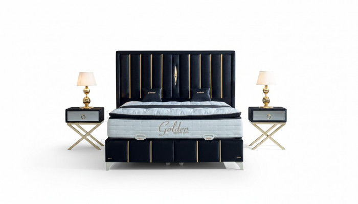 Luxus-Schlofkummer Samt Metallbett Duebelbett 2x Nuetsdësch Better Miwwelen 3 Stécker.