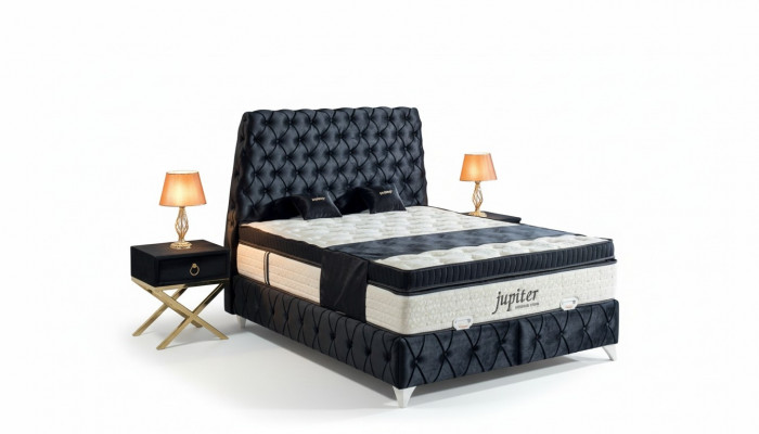 Schlofzëmmer Set Schwaarz Bett Nuetsdësch Chesterfield Better Miwwelen Samt 3 Deeler.