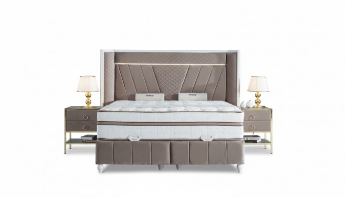 Luxus Schlofzëmmer Set Beige Bett 2x Nuetsdëscher Better Miwwelen Led 3tlg