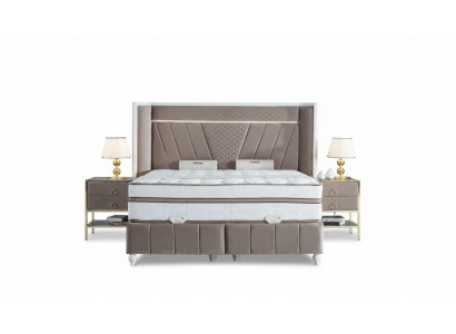 Luxus Schlofzëmmer Set Beige Bett 2x Nuetsdëscher Better Miwwelen Led 3tlg