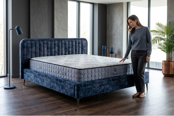 Bett Blo Duebelbett Schlofkummer Holz Miwwelen Design Eleganten Polster Stoff Neit