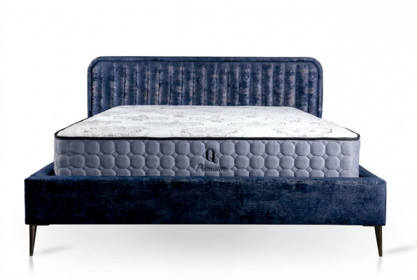 Bett Blo Duebelbett Schlofkummer Holz Miwwelen Design Eleganten Polster Stoff Neit