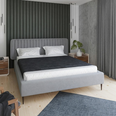 Bett Grau Duebelbett Schlofkummer Holz Miwwelen Design Elegantes Polster Stoff Neie