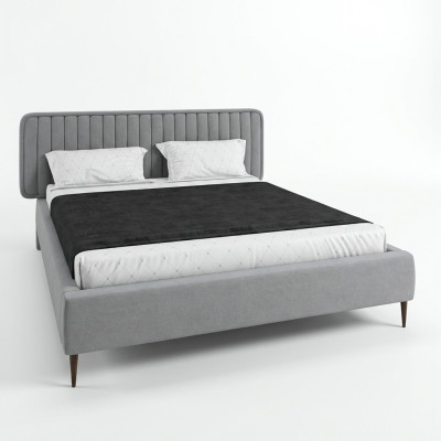 Bett Grau Duebelbett Schlofkummer Holz Miwwelen Design Elegantes Polster Stoff Neie