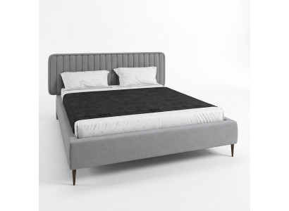 Bett Grau Duebelbett Schlofkummer Holz Miwwelen Design Elegantes Polster Stoff Neie