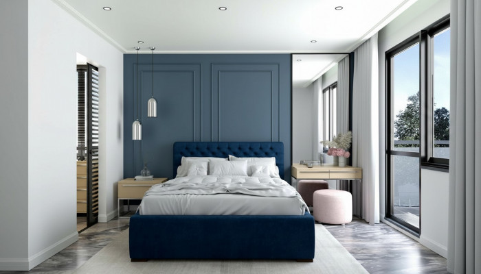 Bett Blo Modern Design Stoff Polster Schlofzëmmer Duebelbett Holz Elegantes Neit
