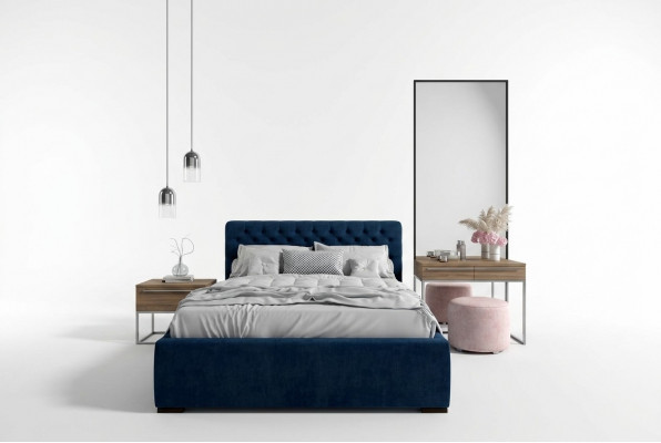 Bett Blo Modern Design Stoff Polster Schlofzëmmer Duebelbett Holz Elegantes Neit