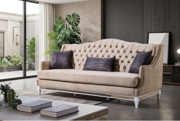 Beige Chesterfield Dräisëtzer Luxus Textilsofadesigner Stoffcanapéen