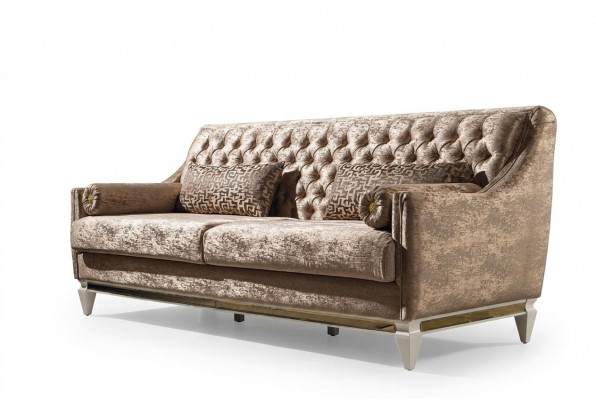Beiger 3-Sëtzer Textilssofa Chesterfield Dreesëtz Polstersofa Couch 3-er
