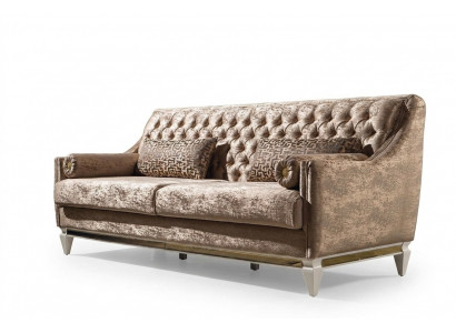 Beiger 3-Sëtzer Textilssofa Chesterfield Dreesëtz Polstersofa Couch 3-er