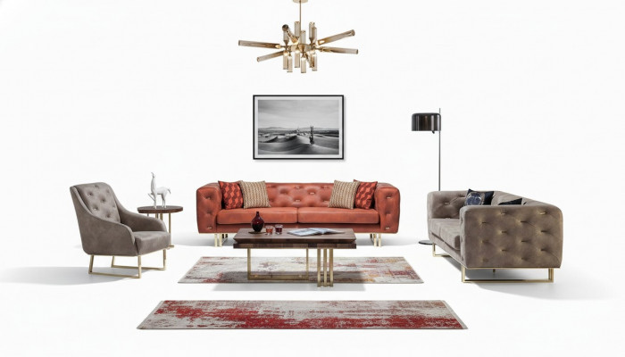 Chesterfield Faarweg Couch Sofa Garnitur Miwwel Set 3+3+1 Grupp Textil