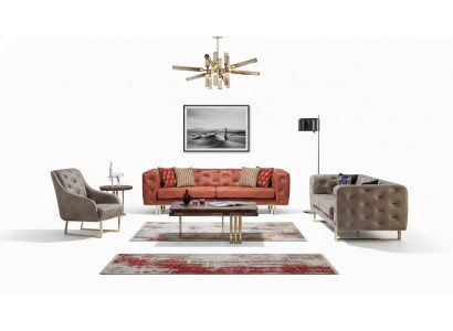Chesterfield Faarweg Couch Sofa Garnitur Miwwel Set 3+3+1 Grupp Textil