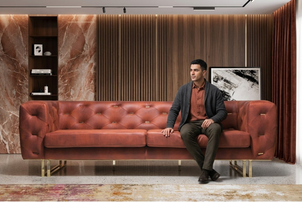 Chesterfield Textil Stoff Sofa Édlen Design Klassesch Miwwelen brong 3 Sëtzer