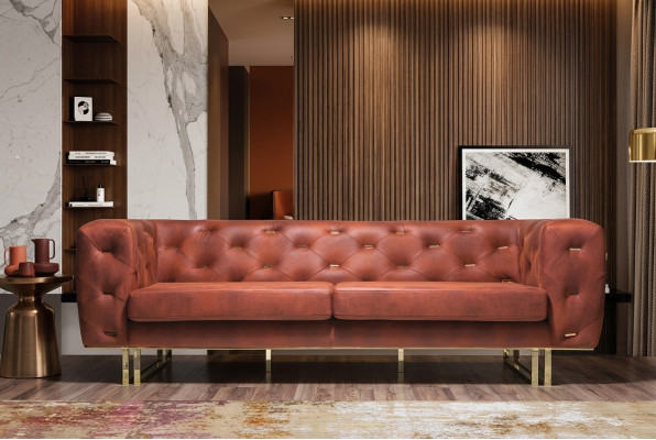 Chesterfield Textil Stoff Sofa Édlen Design Klassesch Miwwelen brong 3 Sëtzer