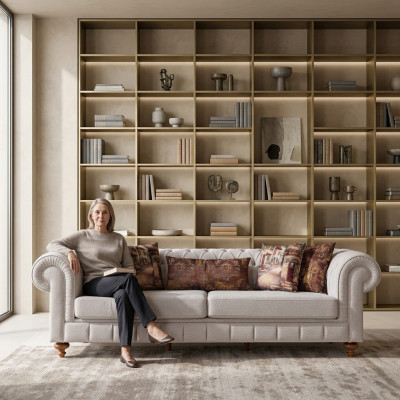 Sofaen Stoff Modern Sofa 3-Sëtz Dräisëtzer Canapéën Design Canapé Polster Beige.