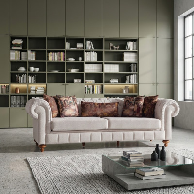 Sofaen Stoff Modern Sofa 3-Sëtz Dräisëtzer Canapéën Design Canapé Polster Beige.