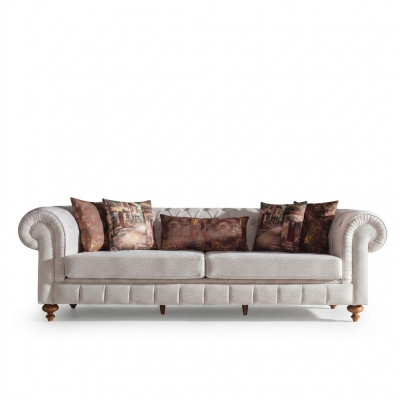 Sofaen Stoff Modern Sofa 3-Sëtz Dräisëtzer Canapéën Design Canapé Polster Beige.