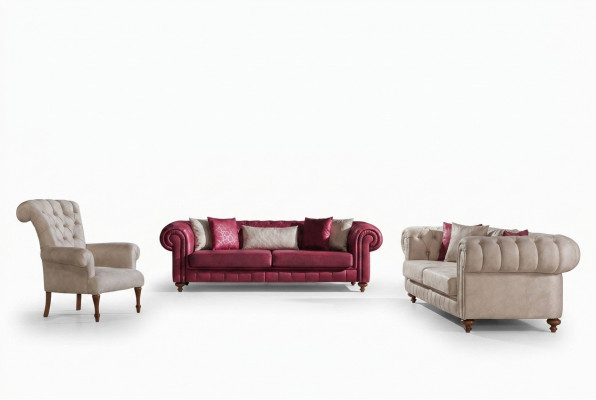 Chesterfield Sofa Canapé Garnitur Sëtzgrupp Polsterset Wunnzëmmer 3+3+1