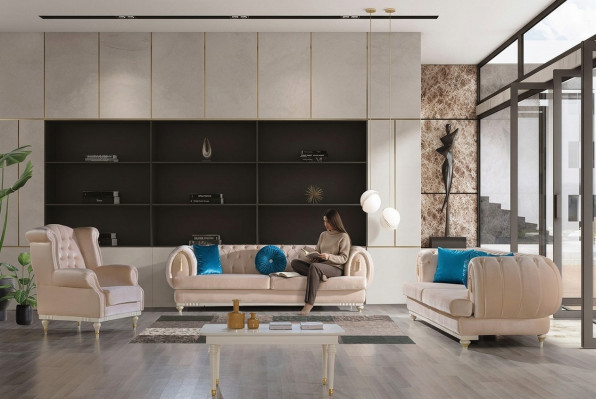 Beige Sofagarnitur 3+2+1 Sëtzer Luxus Polster Couchen Stilvoll Miwwelen