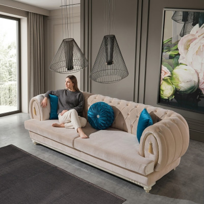 Beige Chesterfield Polster Canapé Designer Dräisëtzer Stoffsofa 3-er