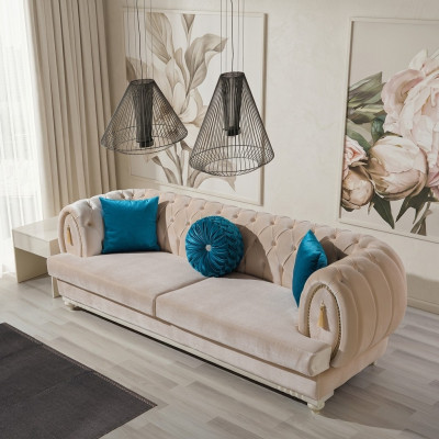 Beige Chesterfield Polster Canapé Designer Dräisëtzer Stoffsofa 3-er