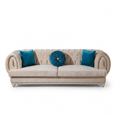 Beige Chesterfield Polster Canapé Designer Dräisëtzer Stoffsofa 3-er