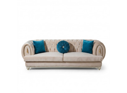 Beige Chesterfield Polster Canapé Designer Dräisëtzer Stoffsofa 3-er