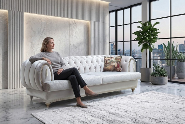 Wäissen Chesterfield Dräisëtzer Modern Sofa Stilvoll Wunnzëmmer Couche