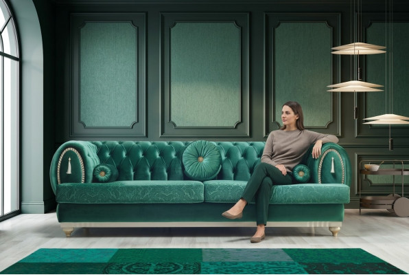 Moderne 3-sëtzer Sofa Gréng Sofa Luxuriéis Wunnzëmmerscouch Holzgestell