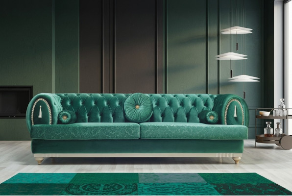 Moderne 3-sëtzer Sofa Gréng Sofa Luxuriéis Wunnzëmmerscouch Holzgestell