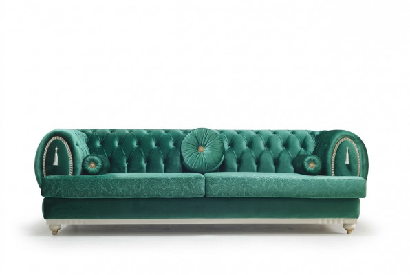 Moderne 3-sëtzer Sofa Gréng Sofa Luxuriéis Wunnzëmmerscouch Holzgestell