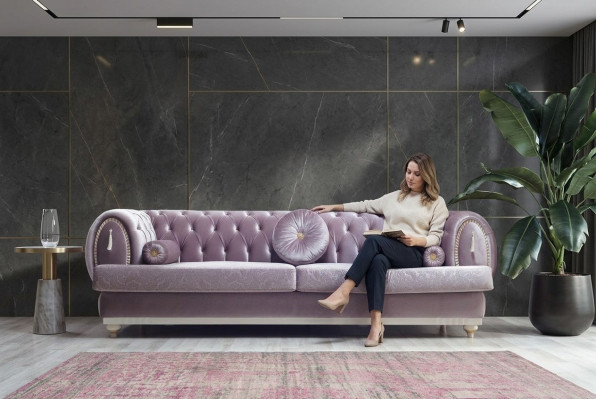 Lila Chesterfield Dräisëtzer Designer 3-Sëtz Polstersofa Holzgestell