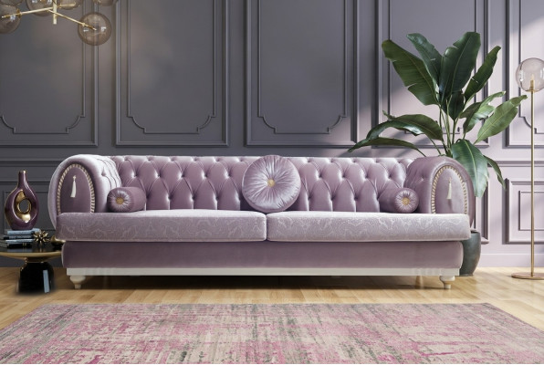 Lila Chesterfield Dräisëtzer Designer 3-Sëtz Polstersofa Holzgestell