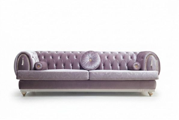 Lila Chesterfield Dräisëtzer Designer 3-Sëtz Polstersofa Holzgestell