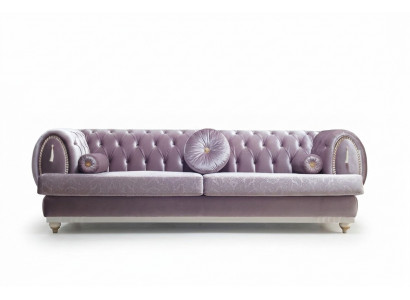 Lila Chesterfield Dräisëtzer Designer 3-Sëtz Polstersofa Holzgestell