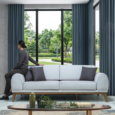 Grau Luxus Sofa Designer 3-Sëtzer Couch Wunnzëmmer 3-Sëtzer Lieder-Sofaen