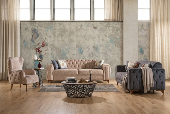 Chesterfield Sofagarnitur Couch Set Polster Miwwel Set 3+3+1 Couchen Sëtzgrupp