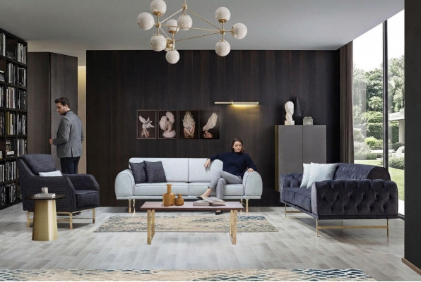 Schwaarz-Wäiss Canapé-Set 3+3 Sëtzer Stilvollen Einsëtzer Sesselen Sofaen