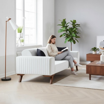 Modern gepolstert Dräisëtzer Canapé Miwwelen Wäiss Samett Textil